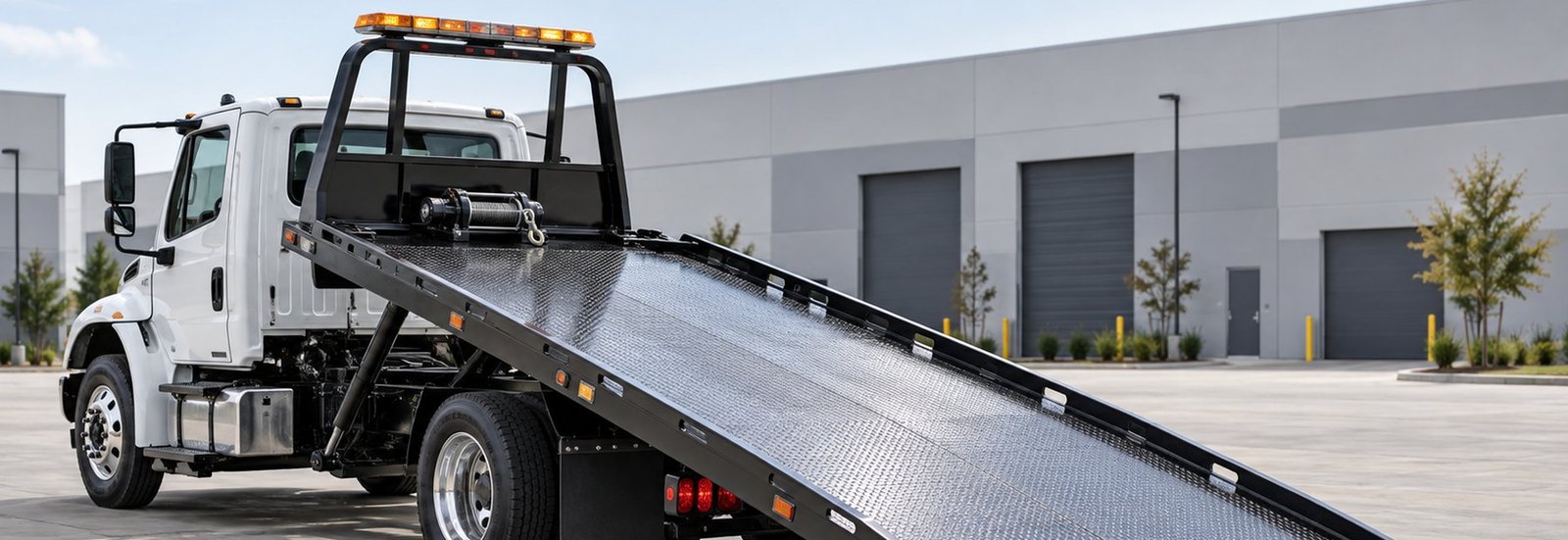 Flatbed carrier with the bed tilted and the ramp down